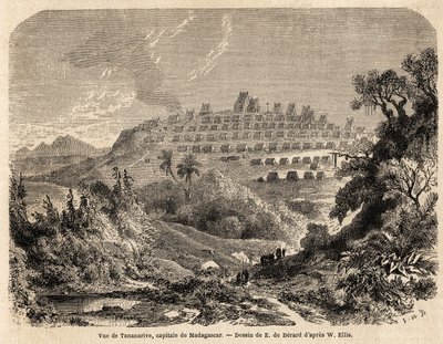 Udsigt over Madagaskars hovedstad Tananarive, tegning af Evremond de Berard (1824-1881), til illustration af Ida Pfeiffers rejse til Madagaskar i 1857. Indgravering i “” Le tour du monde”” 1861. Selvas samling. af Evremond de (after) Berard