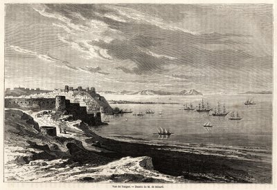 Udsigt over Tangier (Marokko), tegning af Evremond de Berard (1824-1881), for at illustrere M.F.Schicklers rejsenotater til Marokko. Indgravering i "" Le tour du monde, nouveau journal des voyages"" Paris af Evremond de (after) Berard