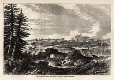 Udsigt over Victoria-Vancouver, hovedstaden i British Columbia, tegning af Auguste de Berard (1824-81), for at illustrere udforskningen af Rocky Mountains i 1857-59 af kaptajn John Palliser. Indgravering i "" Le tour du monde, nouveau journal des voyages"" af Evremond de (after) Berard
