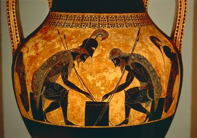Attic sort-figur amfora forestillende Achilleus og Ajax spiller terninger, fra Vulci, ca. 540-530 f.Kr. (keramik) (detalje) af Exekias Exekias