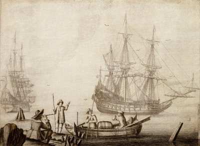 Mænd i en båd nær to hollandske skibe af Experiens Sillemans