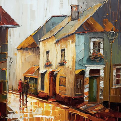 A Country Village Street, abstrakt maleri på lærred, kunsttryk til væggen af F. Abderrahim