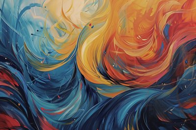 Abstrakt malerikomposition i bølger af orange, blå og gul, kunsttryk af F. Abderrahim