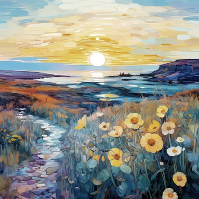 Abstrakte lilla blomster i solopgang landskabsmaleri, vægkunsttryk af F. Abderrahim