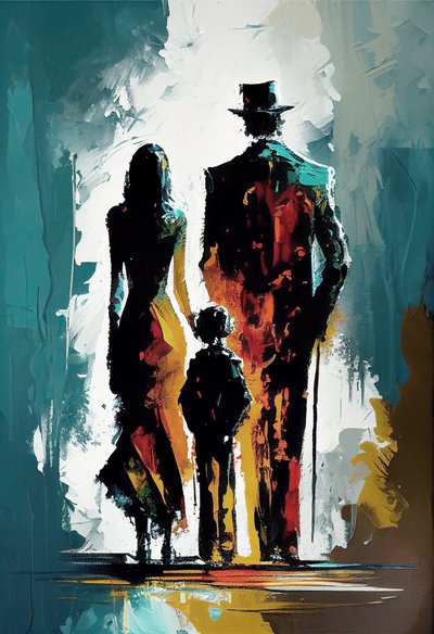 Abstrakt impressionistisk maleri af en familie, der går på gaden, kunsttryk af F. Abderrahim