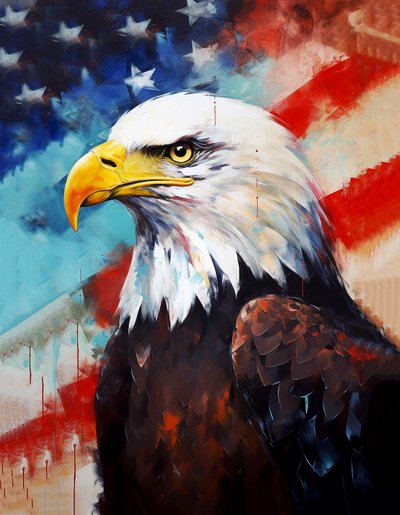 Amerikkalainen kotka, USA:n lippu taustalla, öljymaalaus, huoneen sisustus, seinätaideprinttejä af F. Abderrahim