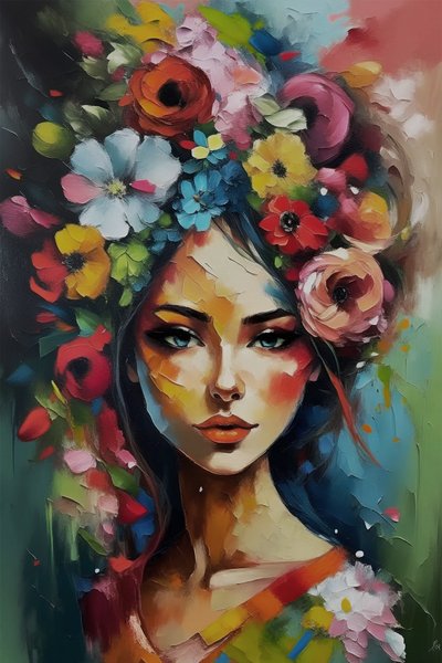 Smuk pige omgivet af blomster på lærred, blomster kunsttryk til væggen af F. Abderrahim