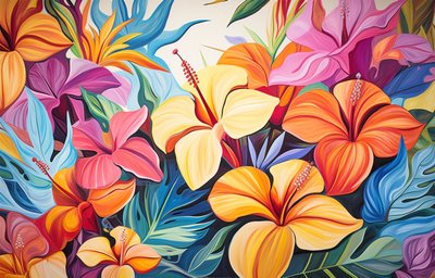 Buket af farvestrålende hibiscusblomster, blomstermaleri, kunsttryk af F. Abderrahim