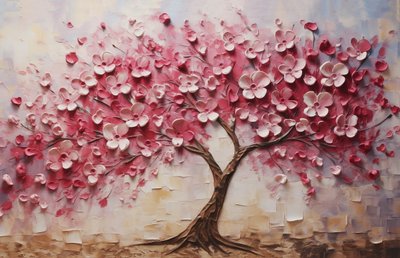 Brun blomsterharmoni: Oliemaleri af et blomstrende træ, vægkunsttryk af F. Abderrahim