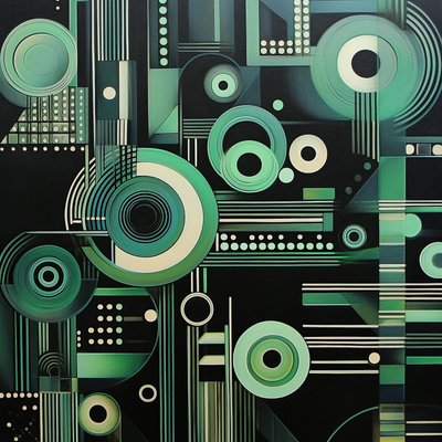 Kompleks geometrisk maleri på mørk sort baggrund, kunsttryk af F. Abderrahim