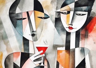 Par drikker vin på restaurant, lærred  vægkunst print af F. Abderrahim