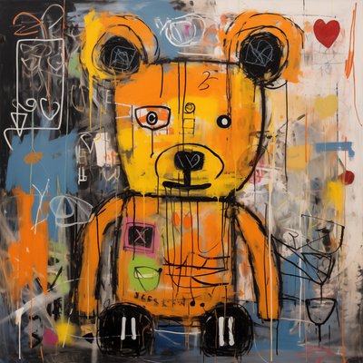 Indretning sød bjørn abstrakt maleri, jean michel basquiat stil, kunsttryk af F. Abderrahim