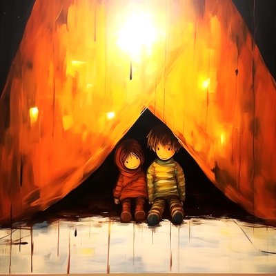 Tegning af to uskyldige børn, surrealistisk vægkunst | Lærredstryk af F. Abderrahim