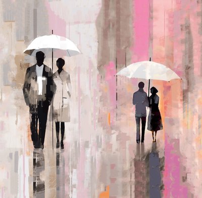 Etnisk par under paraply abstrakt oliemaleri i regnen, væg Art print af F. Abderrahim