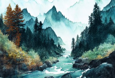 Fantasisk alpin skov ved havet med floder og bakker, kunsttryk på lærred af F. Abderrahim