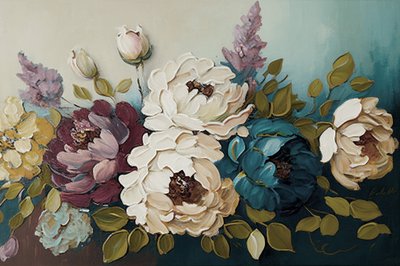 Blomsterbuket af pæoner, horisontale lærredstryk af F. Abderrahim