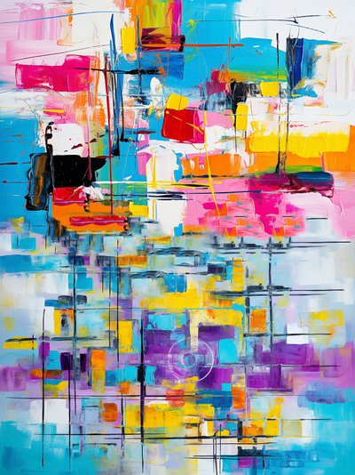 Flydende abstrakt kunstmaleri i fuld farver, fine kunsttryk af F. Abderrahim