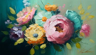 Vandret abstrakt blomsterstilleben maleri på lærred væg kunst print af F. Abderrahim