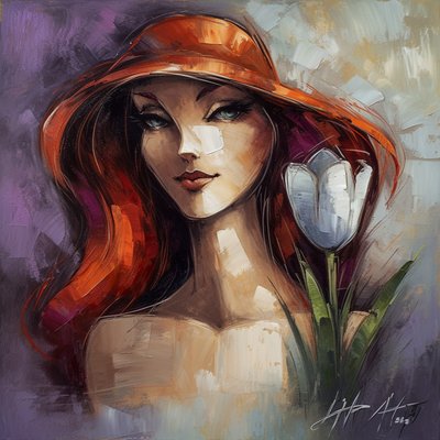 Impressionistisk modepige og klokkeblomst, akrylmaleri, kunsttryk på lærred af F. Abderrahim