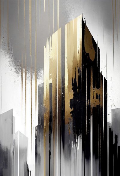 Minimal arkitektonisk abstrakt bygning, grå og guld maleri print on demand af F. Abderrahim