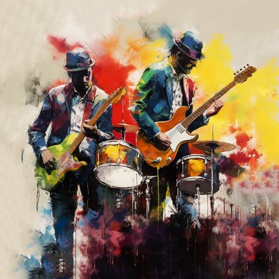 Rock- og jazzmusiker spiller guitar, penselmaleri, kunsttryk til væggen af F. Abderrahim