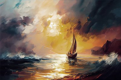 Sejlbåd i en rød solnedgang Seascape på lærred, vægkunst print on demand af F. Abderrahim