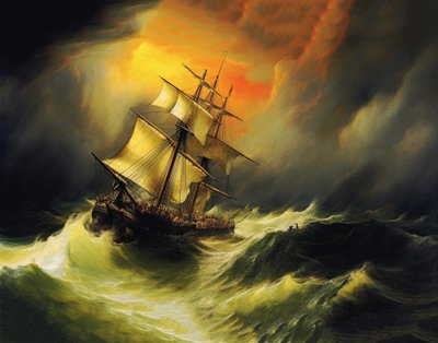 Skib i storm på havet, William Turner maleristil, print on demand af F. Abderrahim