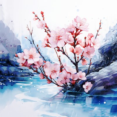 Surrealistisk akvarelmaleri Japanske kirsebærblomster blomster, væg Kunsttryk af F. Abderrahim