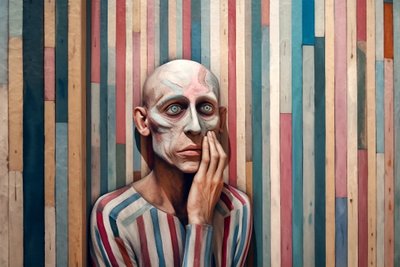 Surrealistisk maleri af en trist mand inspireret af Giorgio de Chirico, kunsttryk af F. Abderrahim