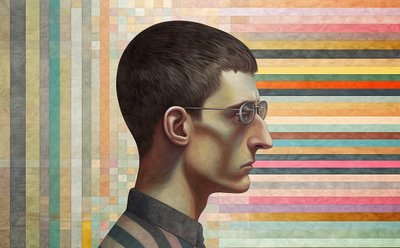 intellektuel mand inspireret af Giorgio de Chirico, surrealistisk portrætmaleri af F. Abderrahim