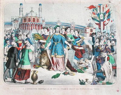 Frankrig modtager verdens folk ved verdensudstillingen i 1878 (farve litho) af F. C. Wentzel