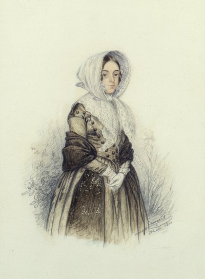 Portræt af en ung dame i en motorhjelm med hvide handsker, 1840 (wc og blyant på papir) af F. Camaret