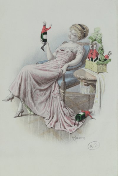 Postkort forestillende en kvinde med flasker champagne i form af mænd, ca. 1900 (farve litho) af F. Kuderna