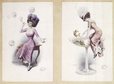 Postkort, der forestiller en kvinde, der blæser bobler og fisker i et champagneglas, ca. 1900 (farve litho) af F. Kuderna