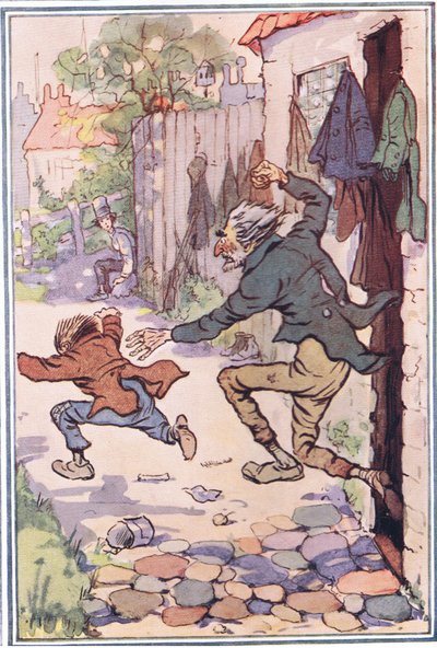 Hed skynder sig ud af butikken efter dem og sender dem flyvende, illustration fra David Copperfield, 1914 af F. M. B. Blaikie