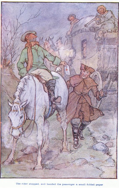 Rytteren stoppede og gav passageren et lille foldet papir af F. M. B. Blaikie