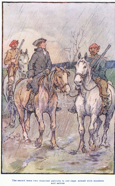 Eskorten var beredne patrioter i røde kasketter, bevæbnet med musketter og sabler af F. M. B. Blaikie