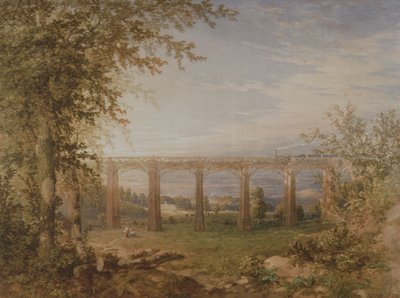 En murstens- og tømmerjernbaneviadukt med damptog, 1849 (wc på papir) (par til 3247622) af F. S. Cook