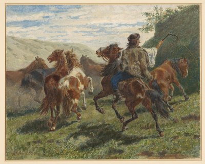 Ungarsk rytter driver nogle heste i baggrunden af F. Smithson
