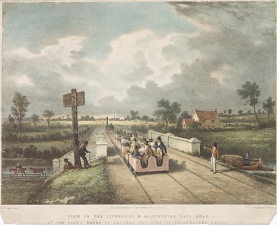 Udsigt over Liverpool & Manchester Rail Road ved det punkt, hvor den krydser Duke of Bridgewaters Canal, indgraveret af A.B. Clayton, 1831 af F. after Nicholson