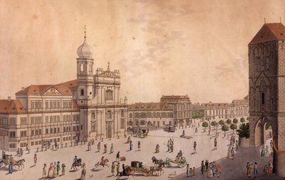 Hybern Square, Prag (farvelætsning og kobberstik) af F. and Heger, P. Heger