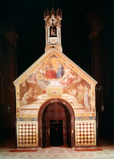 Ydersiden af Porziuncola-kapellet med en fresco, der viser Sankt Frans, der modtager Benådningen af Assisi (af Friedrich Overbeck), 1829; Interiør af Santa Maria degli Angeli (rekonstrueret af Luigi af F and Poletti Overbeck