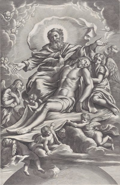 Den Hellige Treenighed, med den døde Kristus i centrum omgivet af engle, Gud Fader, ..., 1650-90. af F. de Louvement