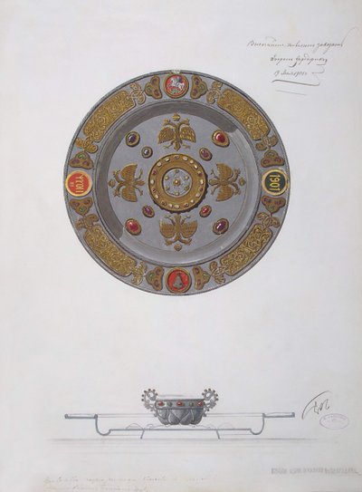 Design af et præsentationsfad og en saltkælder, 1901 af Factory Fabergé Russian Master