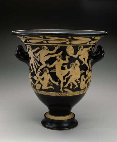 Hvidfigur klokkekrater med dansende satyrer, 400-351 f.Kr. (terracotta) af Faliscan