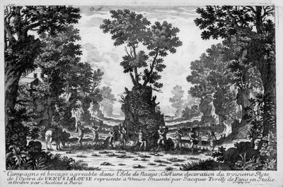 Illustration til akt III af operaen "La venere jaloux" "(Venus jaloux) af Francesco Sacrati. Indretning af Jacopo Torelli af Family Aveline