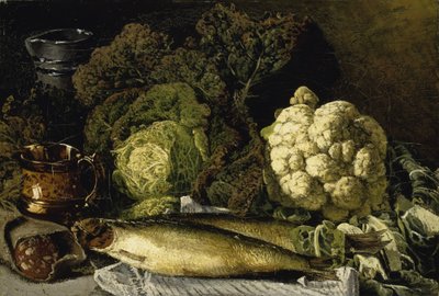 Stilleben med grøntsager og fisk af Fanny Churberg
