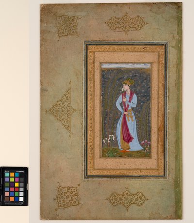 En smuk ung, der holder en narcissekvist, ca. 1610 (ugennemsigtig akvarel og guld på papir) af Farrukh Beg