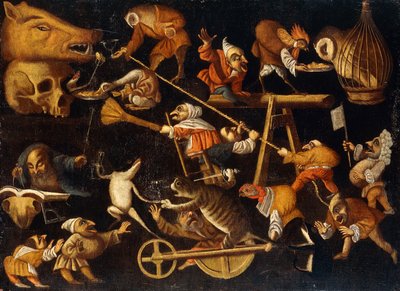 Imaginære dyr og dværge, der kæmper, drikker og hygger sig af Faustino Bocchi or Boccasi