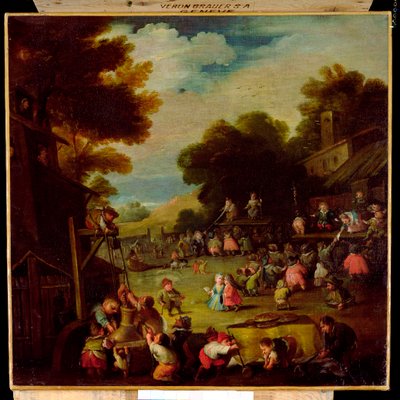 Pygmæer på en messe, trækker vand fra en brønd i forgrunden og ser teaterforestillinger hinsides af Faustino Bocchi or Boccasi